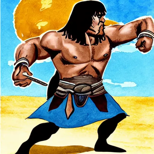 Image similar to conan the barbarian as a school teacher in the style of conan the barbarian by frank frazzetta
