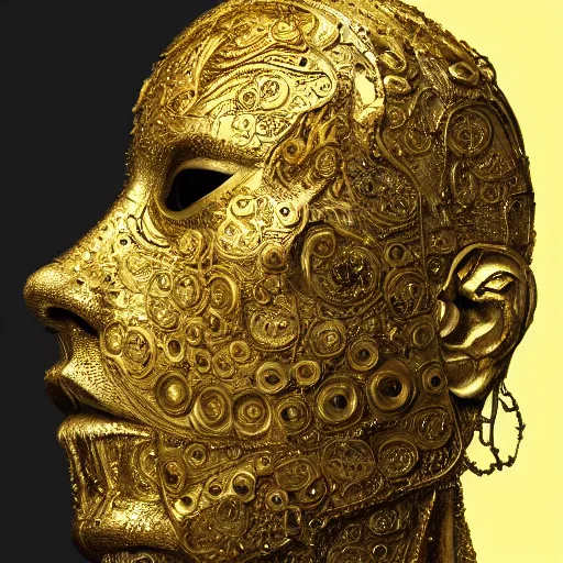 Image similar to Very very very very highly detailed epic central composition portrait of face with venetian mask, golden, intricate, dystopian, sci-fi, extremely detailed, digital painting, artstation, concept art, smooth, sharp focus, illustration, intimidating lighting, incredible art by Tokujin Yoshioka and Anton Pieck