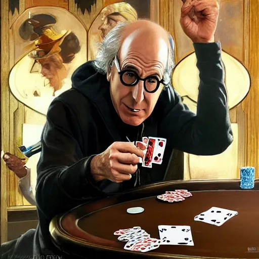 Image similar to larry david playing poker while wearing a batman costume and tripping on lsd, money, poker, cards, larry david, curb, elegant, intricate, digital painting, artstation, concept art, smooth, sharp focus, illustration, art by artgerm and greg rutkowski and alphonse mucha