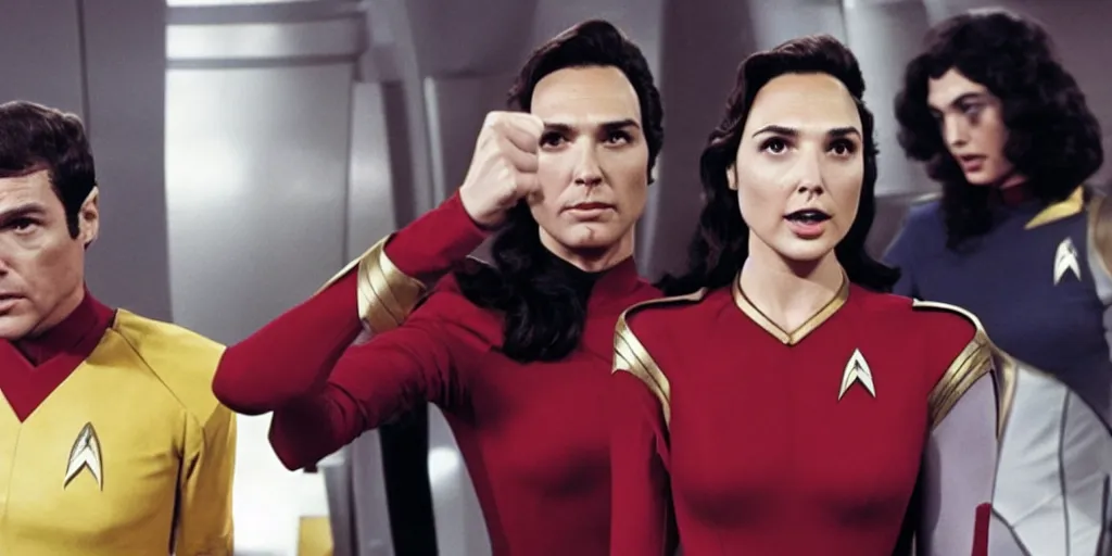 Prompt: Gal Gadot, in Starfleet uniform, in the role of Captain Kirk in a scene from the Trouble with Tribbles episode of Star Trek