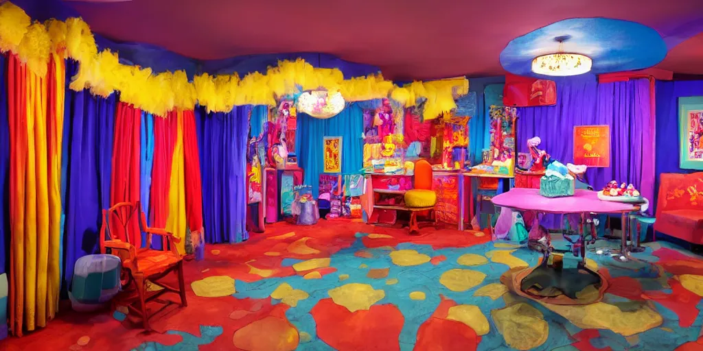 Prompt: a dimly lit, colorful, theater dressing room, made of candy, cartoon style