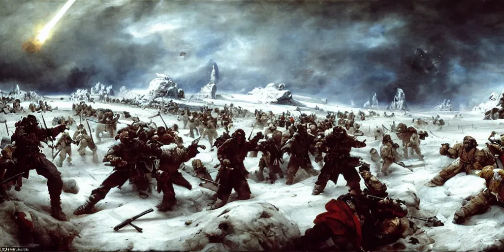 Image similar to the battle of hoth painted by jan matejko. oil on canvas, sharp focus, cinematic atmosphere, detailed and intricate, perfect anatomy, detailed and intricate environment and characters