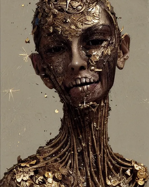 Image similar to A boney thin body girl humanoid with teared viscose clothes wearing a carved mineral mask with tiny mineral and gold incrustations, hyper detailed, insane details, intricate, elite, ornate, elegant, luxury, by Ismail inceoglu dragan bibin hans thoma greg rutkowski Alexandros Pyromallis Nekro Rene Maritte Illustrated, Perfect face, fine details, realistic shaded, fine-face, pretty face