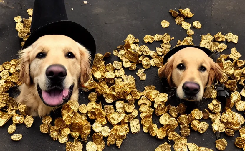 Prompt: photo of a golden retriever in a dark gold mine wearing a western hat and finding piles of gold nuggets