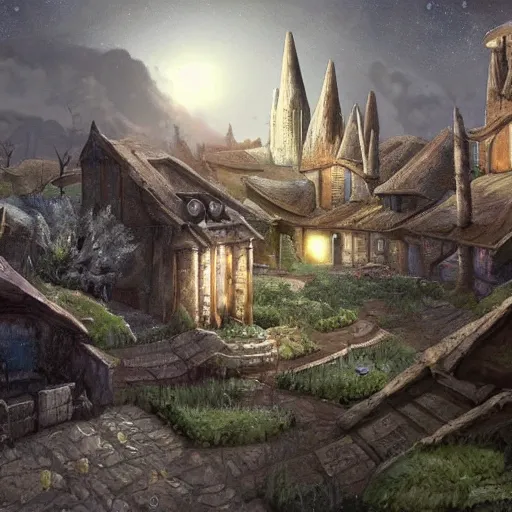 Image similar to medieval suburban neighborhood on the surface of the moon, space plants, concept art,