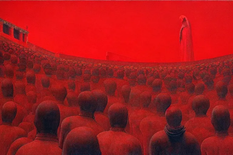 Image similar to only with red, a red melted emperor in an authoritarian position, taormina amphitheatre, crowd hails him, in the style of beksinski, parts by edward hopper, parts by rodcenko, parts by yue minjun, intricate and epic composition, red by caravaggio, insane quality, highly detailed, masterpiece, red light, artstation