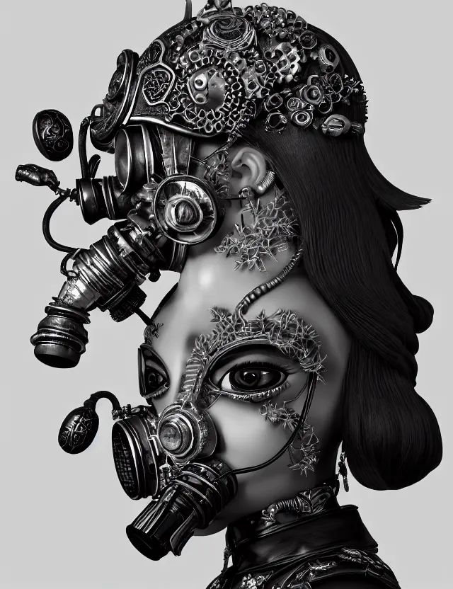 Image similar to 3 d goddess close - up profile punk portrait with vintage gas mask ram skull. beautiful intricately detailed japanese crow kitsune mask and clasical japanese kimono. betta fish, jellyfish phoenix, bio luminescent, plasma, ice, water, wind, creature, artwork by tooth wu and wlop and beeple and greg rutkowski