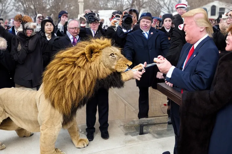 Image similar to photo of the usa presidential inauguration, a lion fursuiter being inaugurated as president