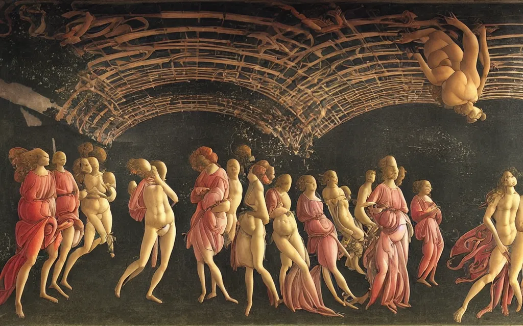 Prompt: sandro botticelli. very soft, delicate light. venus but dancefloor in underground club. in the middle is a little platform, people dancing around it. disco lights. fog. colorful and moody. sun is already rising. detailed brush strokes. 6 am.