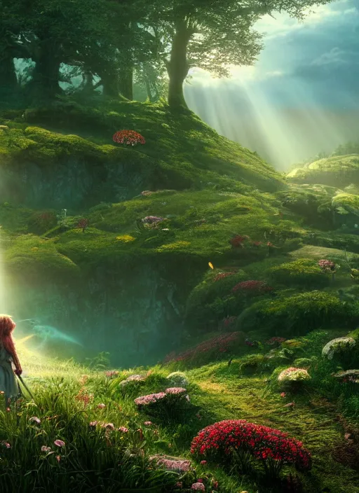 Image similar to a beautiful fairy in the lord of the rings scenery landscape, looking out at a vast lush valley of flowers and mushroom structures, sunrise, god's rays highly detailed, vivid color, cinematic lighting, perfect composition, 8 k, gustave dore, derek zabrocki, greg rutkowski, belsinski, octane render