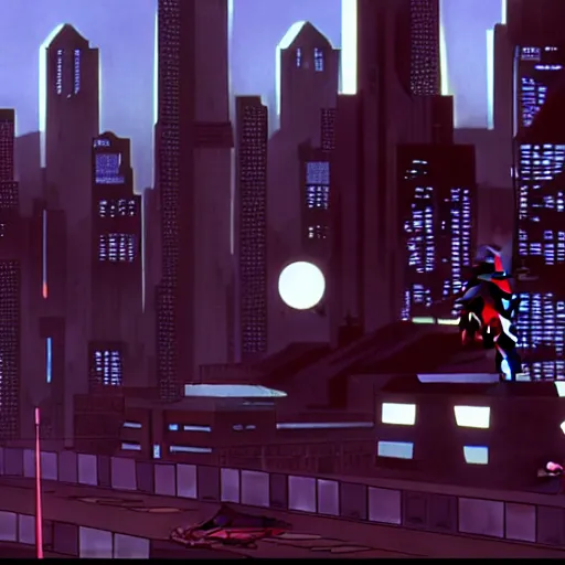 Prompt: a screenshot from episode of the show'batmanbeyond'( 1 9 9 9 - 2 0 0 1 ) produced by alan burnett, paul dini, glen murakami, and bruce timm. film grain. matte painting. masterpiece. cel shading. dark color scheme. cyberpunk theme.