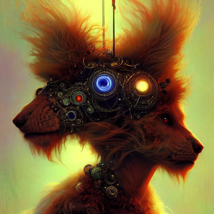 Prompt: psychedelic fluffy hairy animal cyborg, diffuse lighting, fantasy, intricate, elegant, highly detailed, lifelike, photorealistic, digital painting, artstation, illustration, concept art, smooth, sharp focus, art by John Collier and Albert Aublet and Krenz Cushart and Artem Demura and Alphonse Mucha
