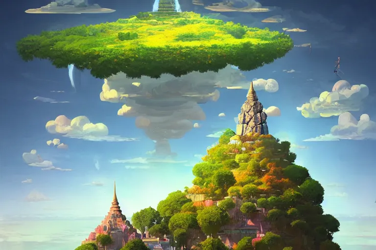 Image similar to surreal glimpse into other universe, floating island in the sky, a thai temple on a mound, summer morning, very coherent and colorful high contrast, art by gediminas pranckevicius, geof darrow, makoto shinkai, dark shadows, hard lighting