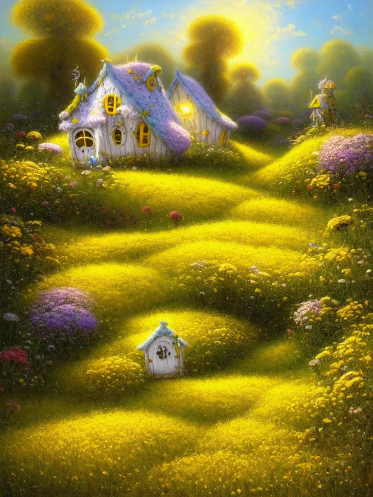 Image similar to a whimsical fairy house in a field of white and yellow of flowers Justin Gerard, morning light