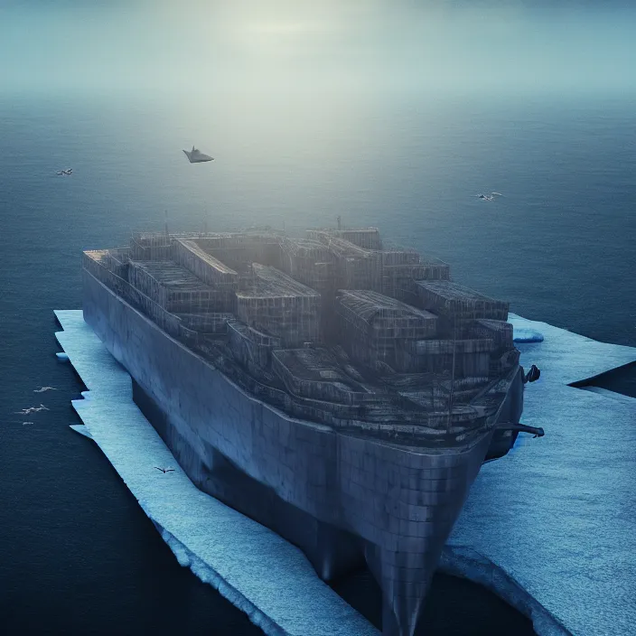 Image similar to a little bird's flight over an enormous gigantic steel ship - shaped fortress - city sailing across an icy cold ocean. masterpiece, cinematic, hyperdetailed, photorealistic, hyperrealism, octane rendering, depth of field, bokeh, architecture, shadows, aerial view