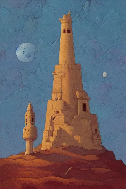 Prompt: painted tower of the moon, by Sylvain Sarrailh and Nicholas Roerich and Annie Swynnerton, dramatic cinematic lighting , beautiful tilework, ornate architecture, smooth, sharp focus, extremely detailed