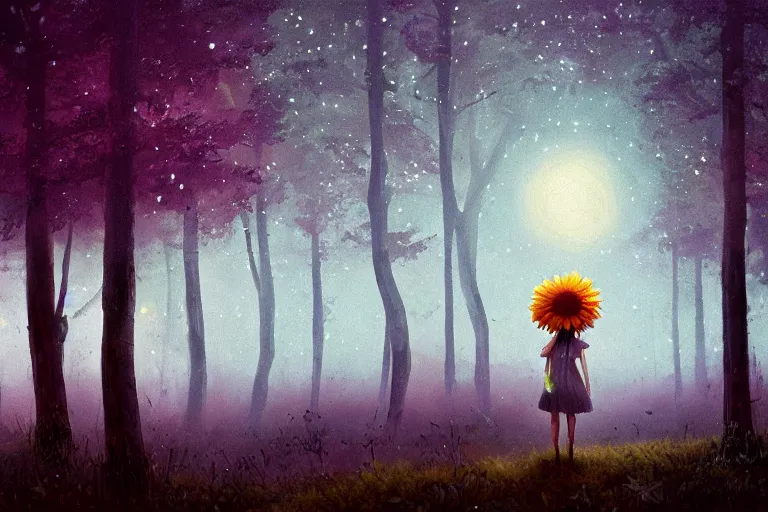 Image similar to giant daisy flower as face, girl walking in forest, surreal photography, dark night, stars, moon light, impressionist painting, clouds, digital painting, artstation, simon stalenhag