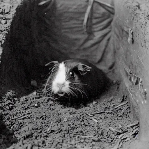 Prompt: a black and white grainy photograph of a guinea pig in a ww1 trench, it's wearing a russian ww1 uniform