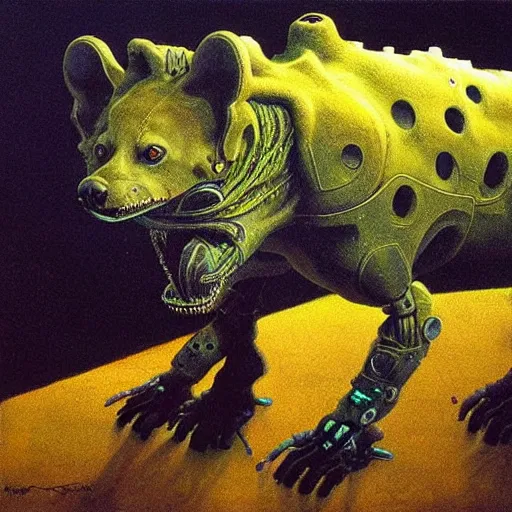 Prompt: hyena robot, cyberpunk, highly detailed quadrupedal cyborg, beksinski style, very detailed painting