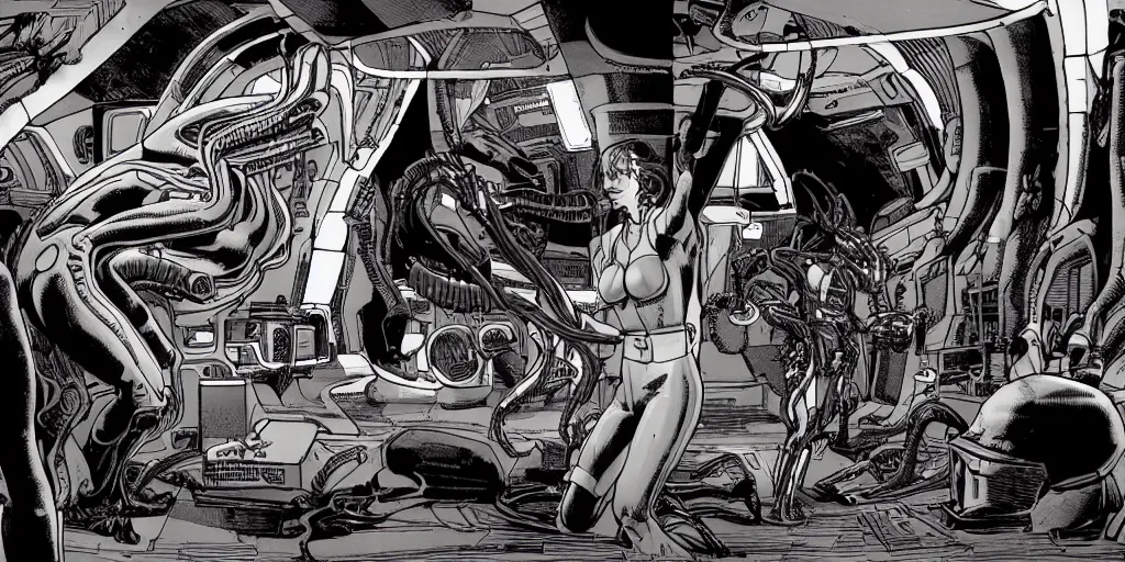 Prompt: wide angle illustration view of a xenomorph chasing a woman with black hair and biomech suit inside a spaceship with many screens and dials drawn by Moebius and Ron Cobb