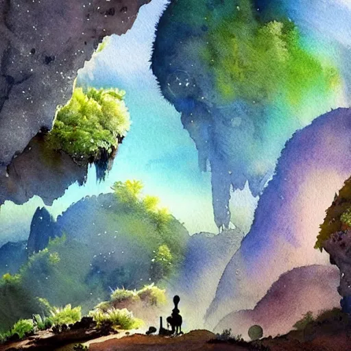 Prompt: beautiful lush natural scene on another planets majestic cliffs, with interesting creatures. different than earth but beautiful. lightfall. beautiful detailed artistic watercolor. trending on artstation and deviantart.