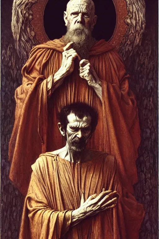 Image similar to a portrait of st cyprian by wayne barlowe, gustav moreau, goward,  Gaston Bussiere and roberto ferri, santiago caruso, and austin osman spare, ((((occult art))))