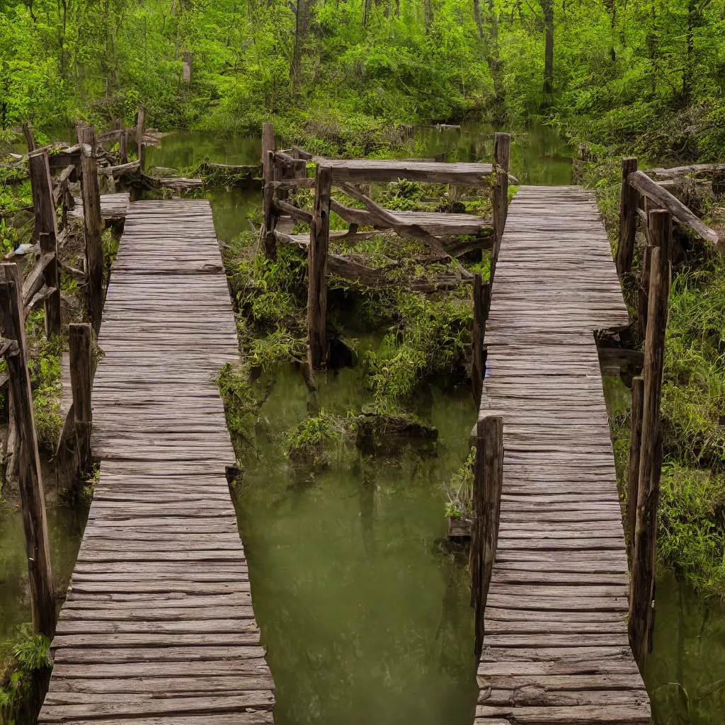 Image similar to old wooden bridge to small very polluted pond, scary, ambient, smoking, shocking, very detailed, 4 k, professional photography