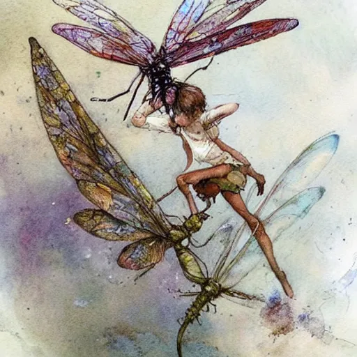 Image similar to a fairy riding a dragonfly, muted color, watercolor ink illustration, painterly, splatters, detailed, by jean - baptiste monge, by alan lee