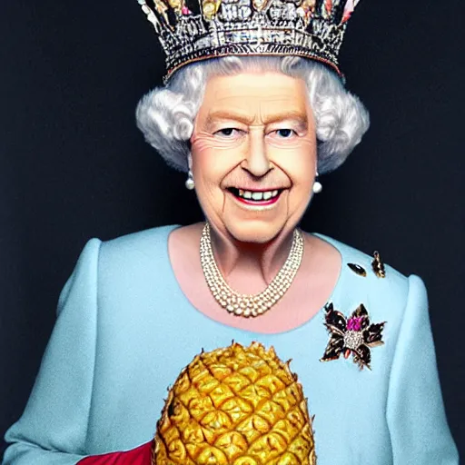 Prompt: the queen of england with a pineapple as a crown with jewels