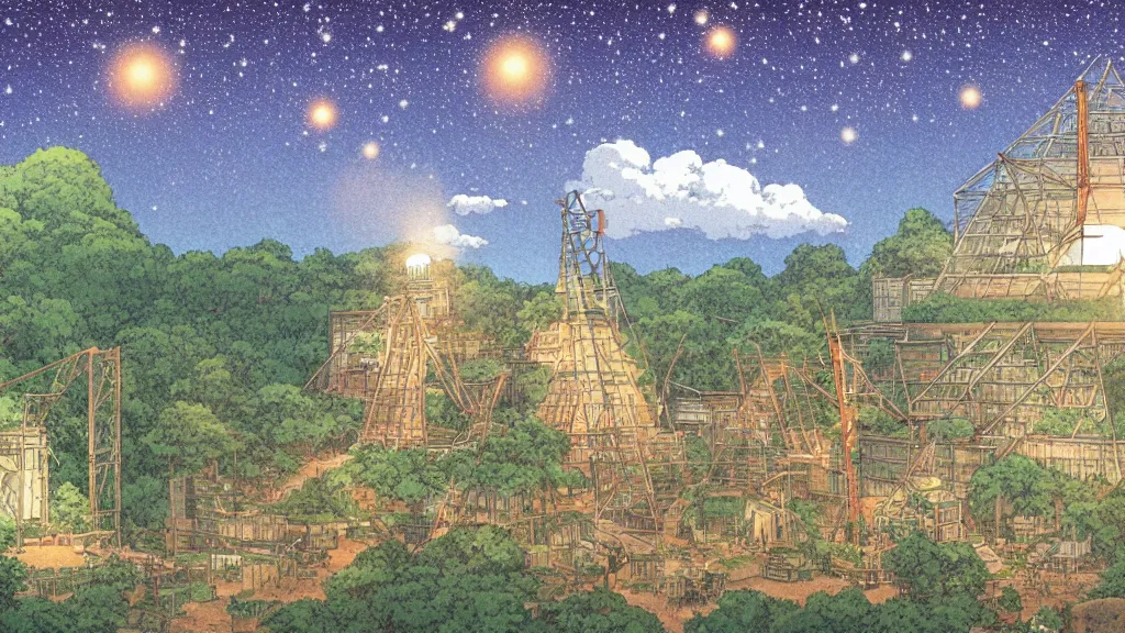 Image similar to a movie still from a studio ghibli film showing an industrial mining runoff storage facility, and a pyramid under construction, in the rainforest on a misty and starry night. by studio ghibli