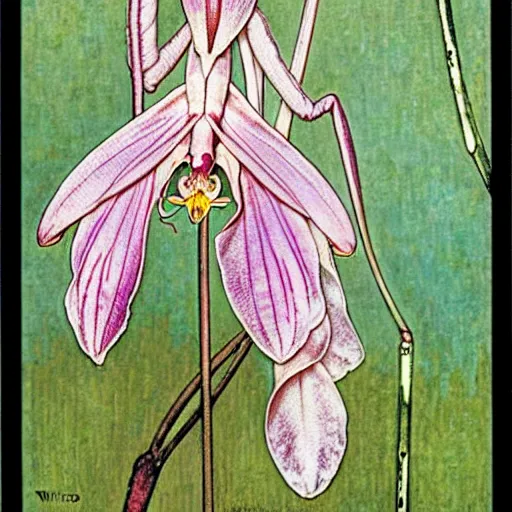 Image similar to orchid mantis by William Morris and Carlos Schwabe