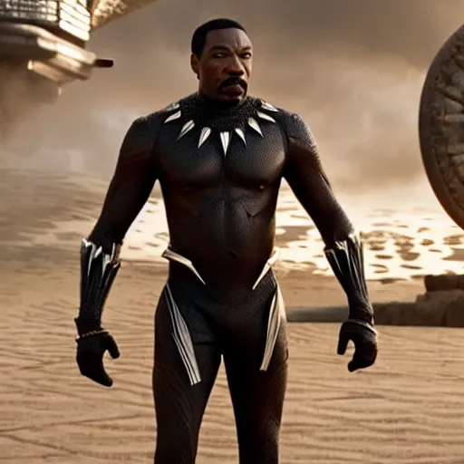 Prompt: film still of Eddie Murphy as T’Chala in Black Panther movie