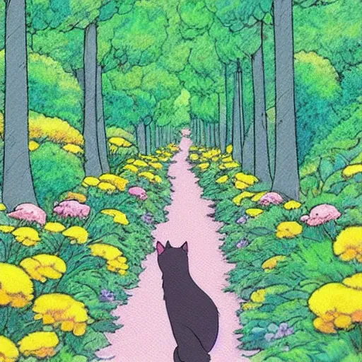 Image similar to Cat holding flower forest walkway, Ghibli art style