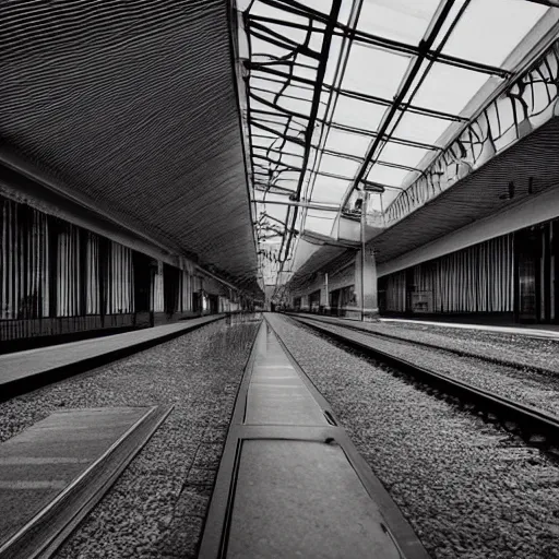 Prompt: a beautiful train in a station, minimalist style, elegant, dramatic contrast, minimal art by ariel sun, black and white ink, trending on artstation hq