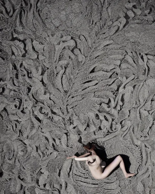 Image similar to a woman sitting on a beach, made of intricate decorative lace leaf skeleton, shot from a drone, in the style of the dutch masters and gregory crewdson, dark and moody