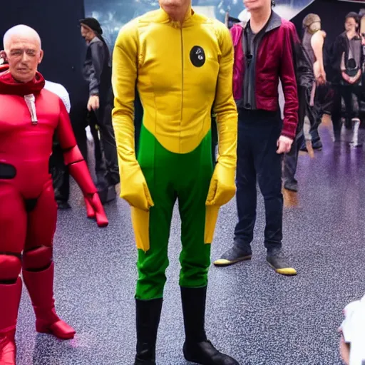 Prompt: film still, full body shot of ian mckellen playing saitama dressed in the one punch man costume