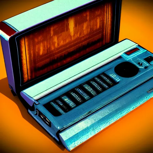 Prompt: Realistic image of a retro cassettepunk 1980s laptop deviantart artstation 4k digital art detailed 3d realistic