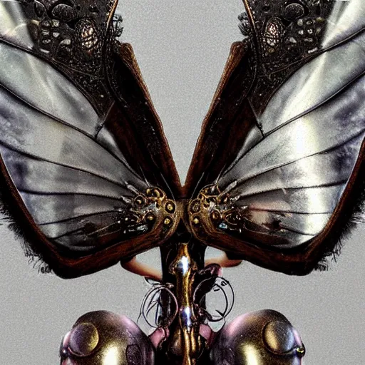 Prompt: fairy wings, metal, steampunk, macro, award winning photo