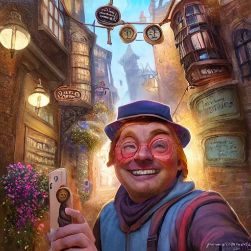 Prompt: Twoflower takes a selfie in Diagon Alley detailed, hyperrealistic, colorful, cinematic lighting, photorealistic, digital art by Paul Kidby, Kate Oleska and Jim Kay