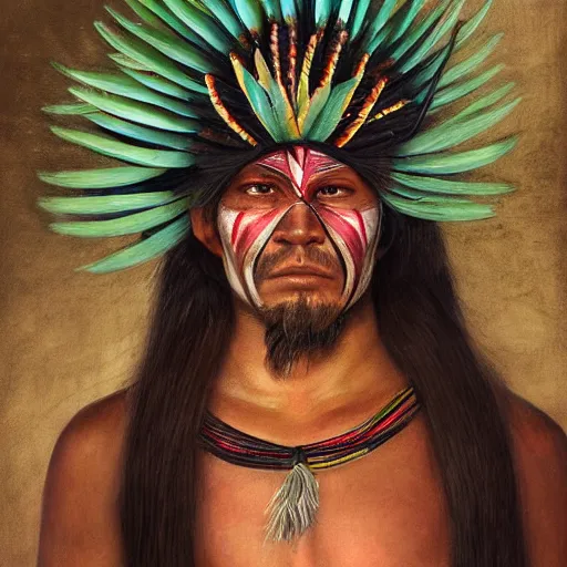 Prompt: a male tupi guarani warrior portrait with bird of paradise flower covering his eye, art by marco mazzoni, dark background, asymmetrical