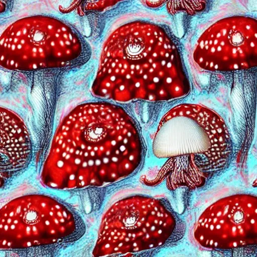 Image similar to an alien amanita muscaria mushroom with tentacles, unusual, high detail