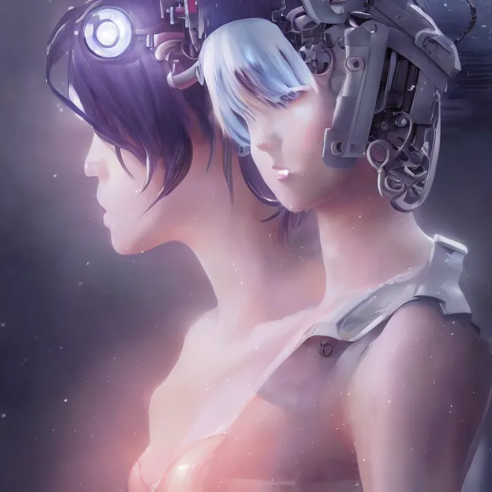 Image similar to beautiful anime girl cyborg looking surreal - by tom bagshaw, by ilya kuvshinov, rtx rendering, octane render 1 2 8 k, maya, extreme high intricate details by wlop, digital anime art by ross tran, medium shot, close up shot, composition by sana takeda, dramatic lighting by greg rutkowski, 8 k, trending on artstation