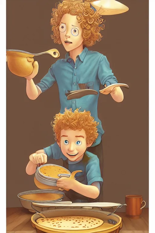 Image similar to young arlo guthrie making pancakes, animation pixar style, by pendleton ward, magali villeneuve, artgerm, rob rey and kentaro miura style, golden ratio, trending on art station