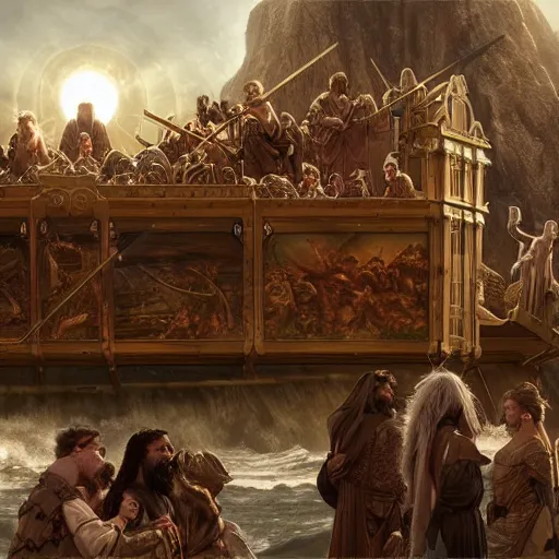 Image similar to an extremely detailed matte painting of the animals boarding noah's ark, 4 k, noah from the bible as a wizard, antediluvian, art by artgerm and greg rutkowski and alphonse mucha, in the style of epic fantasy