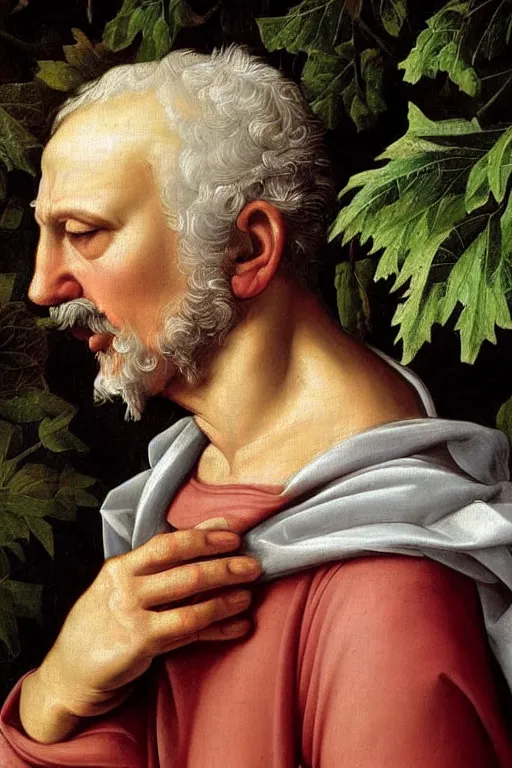 Image similar to renaissance painting of elder in the garden, closeup, short silver hair, a wise face, emotions closeup, dressed in roman armour, the beautiful garden with oak leaves everywhere, ultra detailed, art by Guido Reni style, Vincenzo Catena style