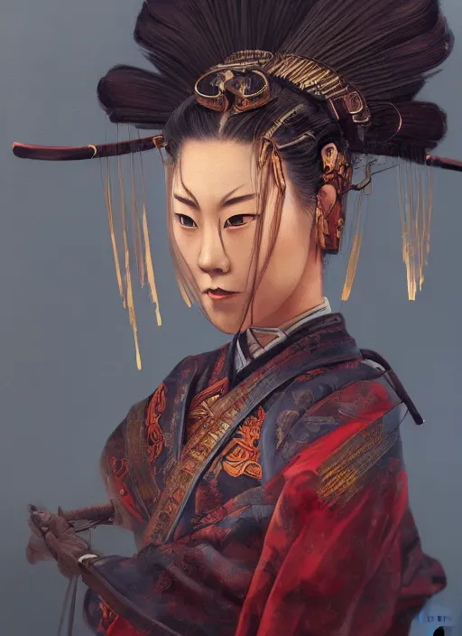 Image similar to a beautiful detailed oil on copper art illustration of a japanese samurai mask woman, centered, by charlie bowater, zeng fanzh, trending on artstation, vivid colors, dim dusk lighting, cinematic lighting, detailed lighting, volumetric lighting, realistic, f 8, 4 k hd wallpaper