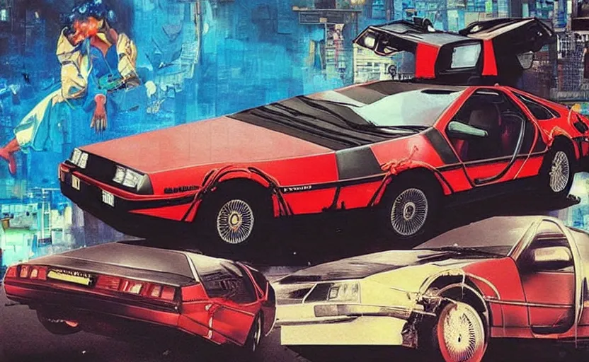 Image similar to a red delorean in ajegunle slum of lagos - nigeria, painting by hsiao - ron cheng & salvador dali, magazine collage & ukiyo - e style, masterpiece.