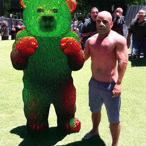 Prompt: joe rogan fighting a life sized gummy bear