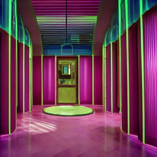 Prompt: a high definition pastel coloured kodak photograph from a holiday photo album. the photo is a medium frame, 5 0 mm depicting the interior of an elaborate and luxurious alien hotel lobby, furniture and view. the interior was designed by wes anderson. iridescent, transparent corrugated glass, pink concrete, foam. 8 k. architectural. interior.