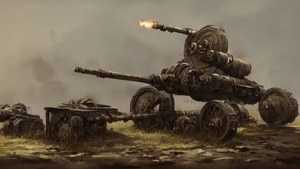 Prompt: realistic looking howitzer cannon, watercolored, jakub rozalski, dark colours, dieselpunk, artstation